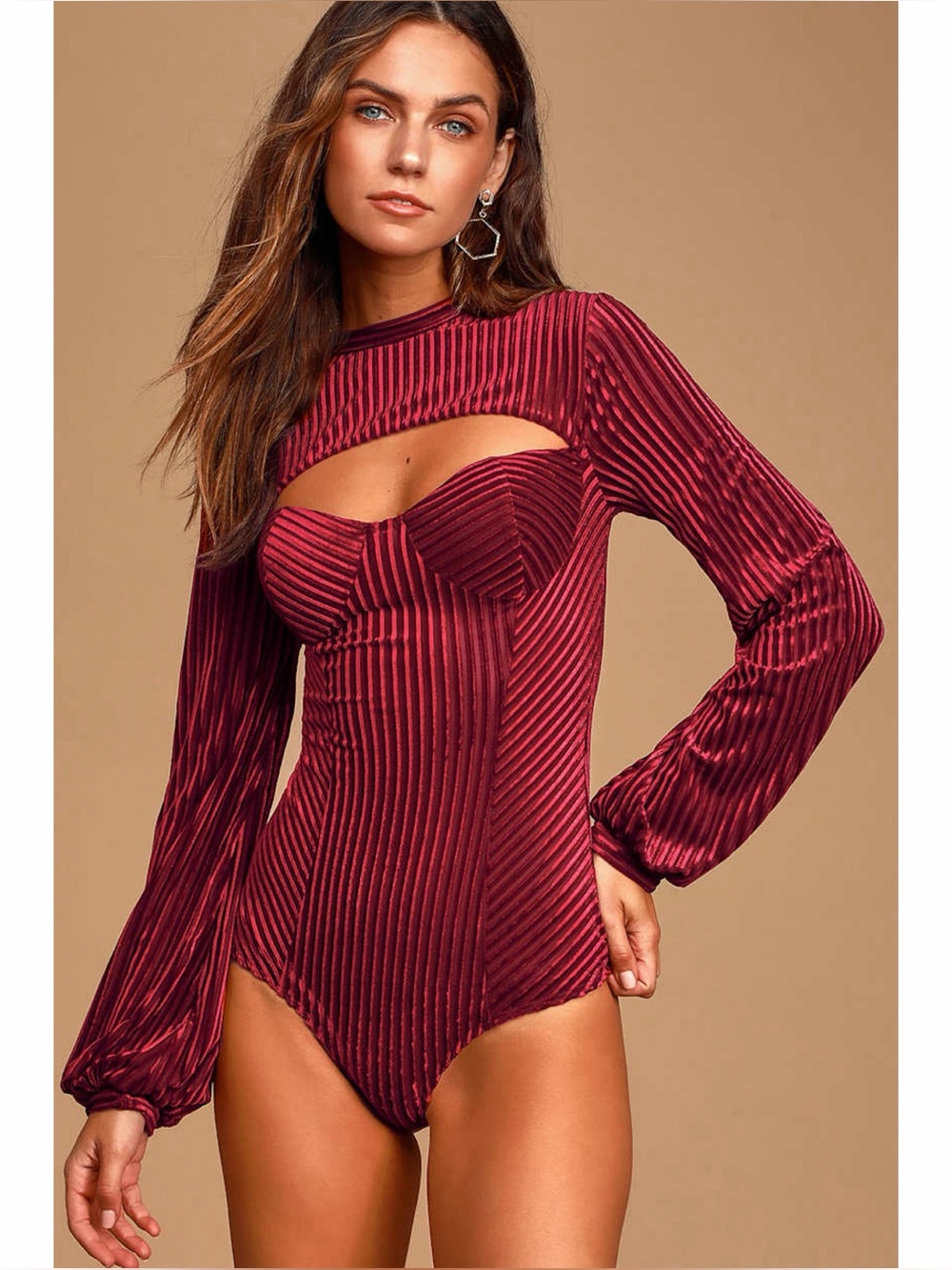 Lulu’s Always Alluring Burgundy Striped Velvet Cutout Bustier Bodysuit